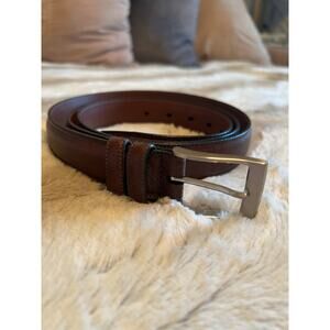 Perry Ellis Men's Portfolio Brown Leather Belt, 7 hole, with Silver Buckle 50"